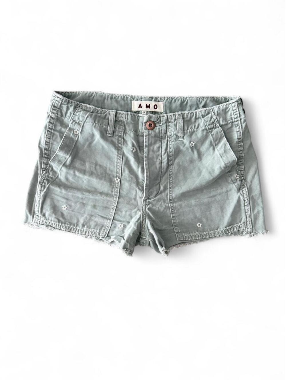AMO Daisy Embroidered Raw Hem Shorts